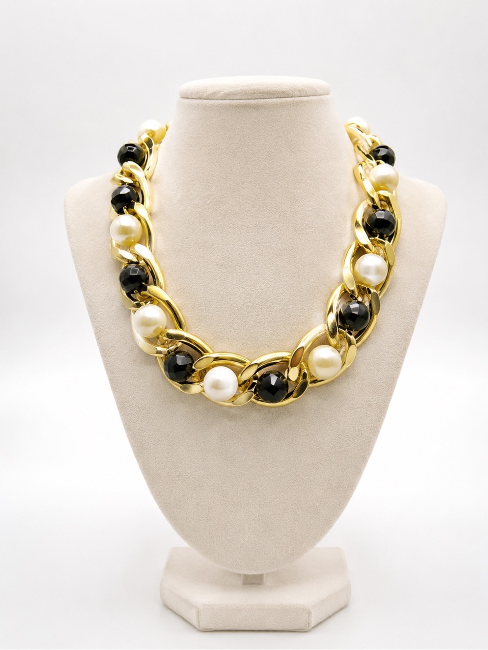 Gold Chain Necklace with Black Faceted Beads and Ivory Pearls